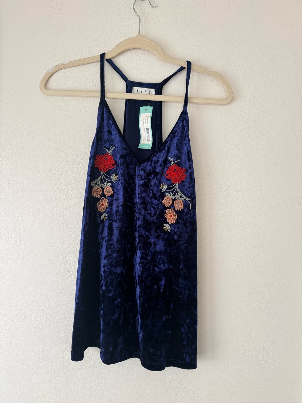 Boho Velvet Navy Floral Embroidered Tank / Cami NWO